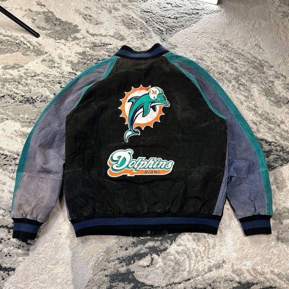 Vintage Miami Dolphins Pro Player Suede Leather Bomber Jacket Sz L Zip Up Y2K